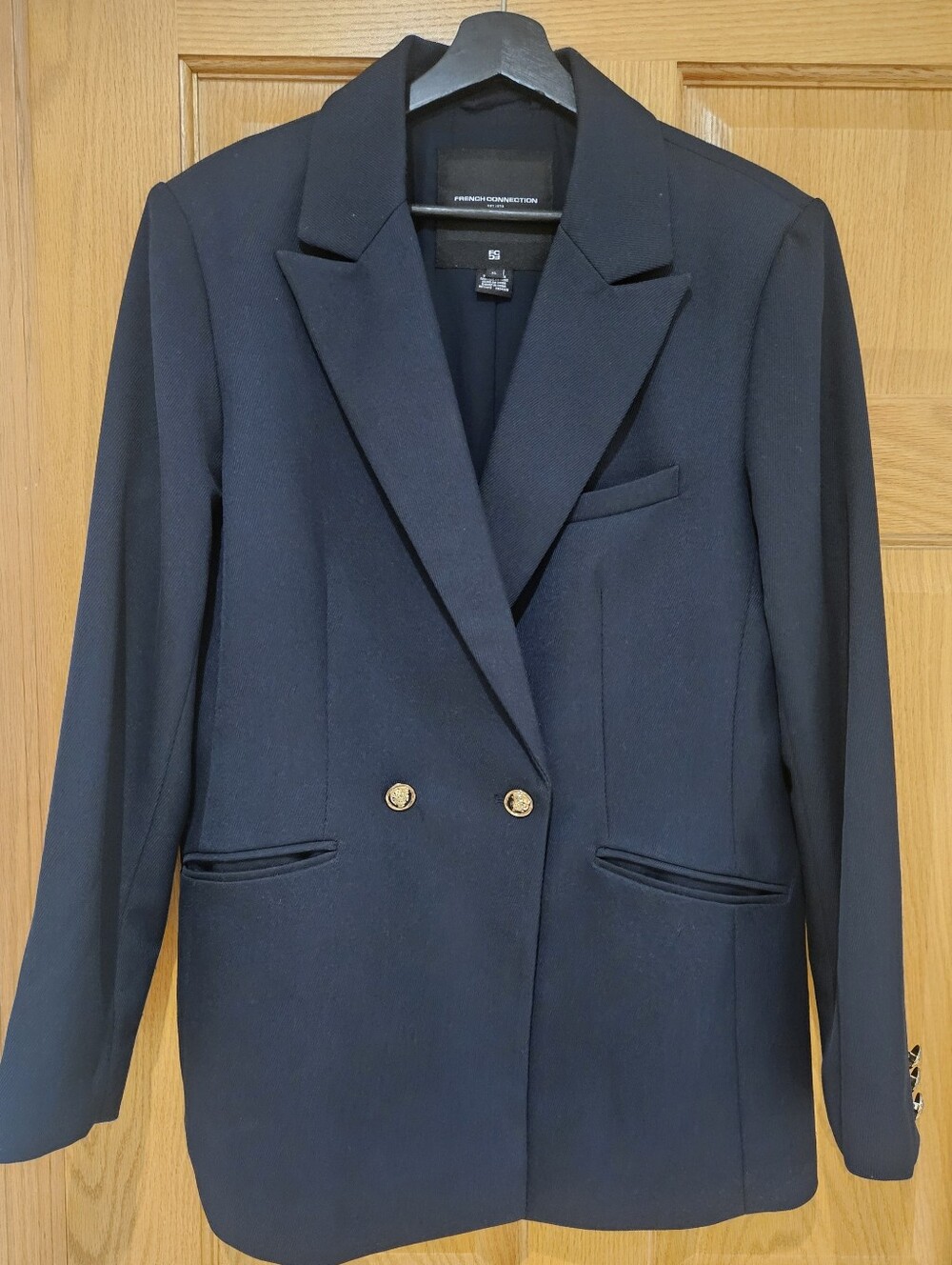 French Connection Double-Breasted Tailored Blazer with Embossed Gold Buttons